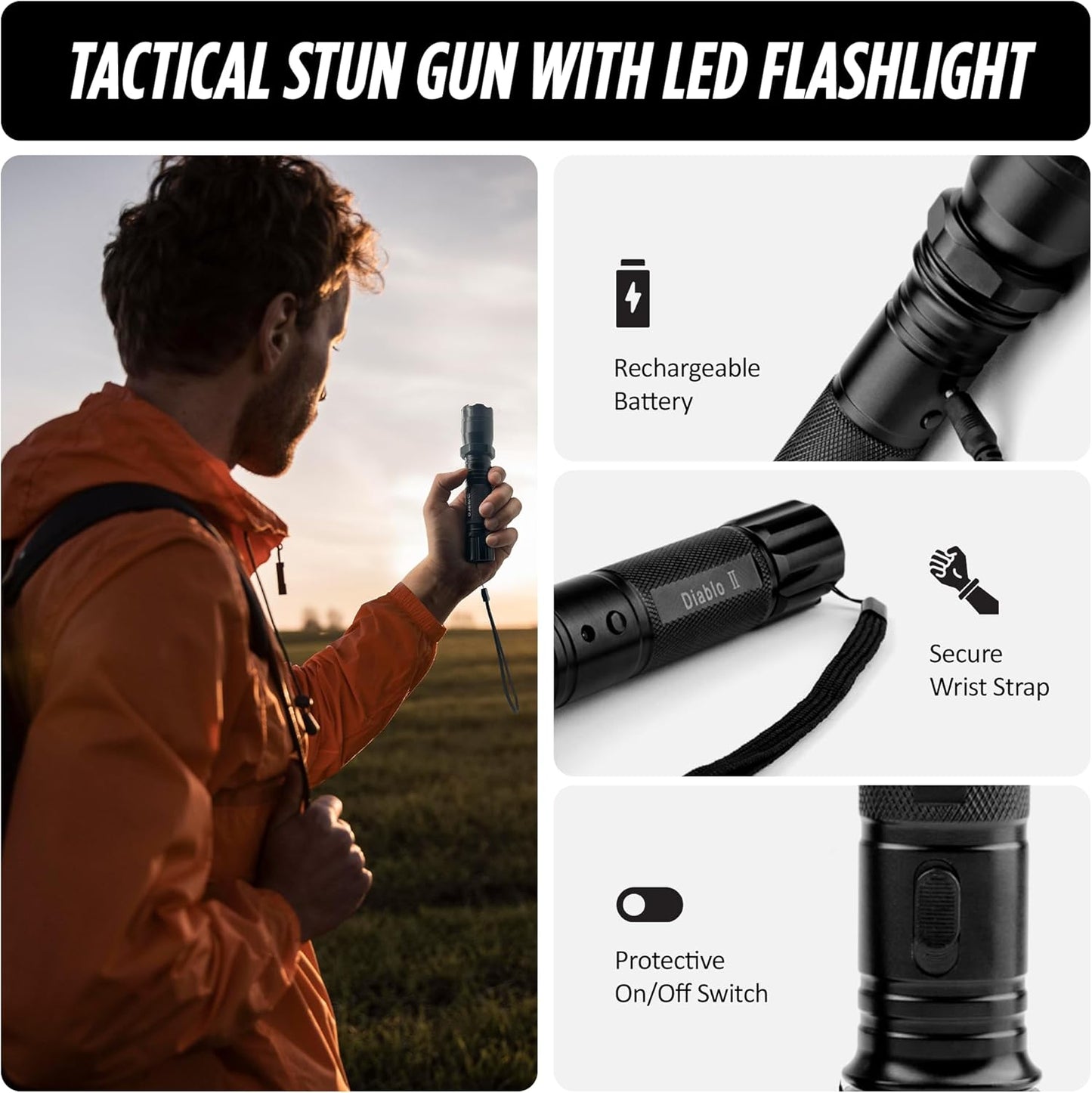 Stun Gun Diablo 2 with Flashlight | 320 Lumen and 3-Function Light