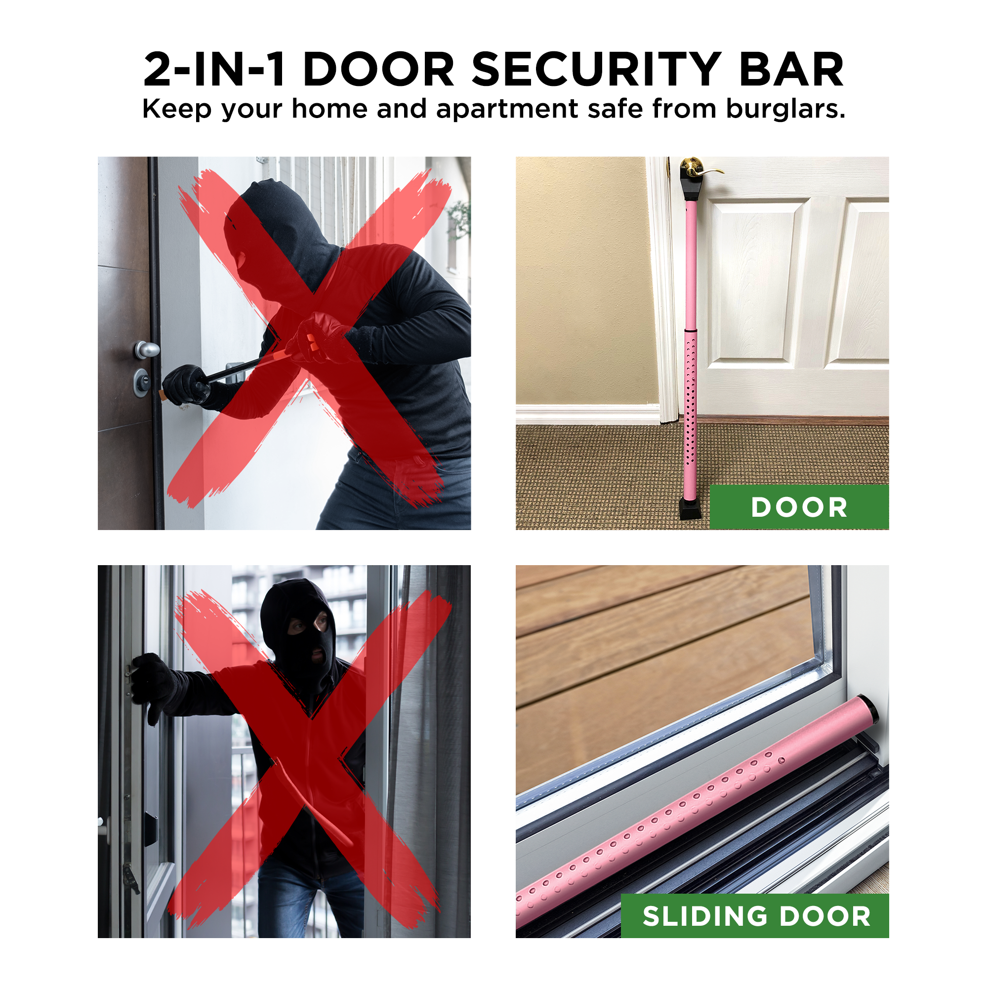 Door Security Bar - Door Jammer w/ Alarm, Front and Patio Door