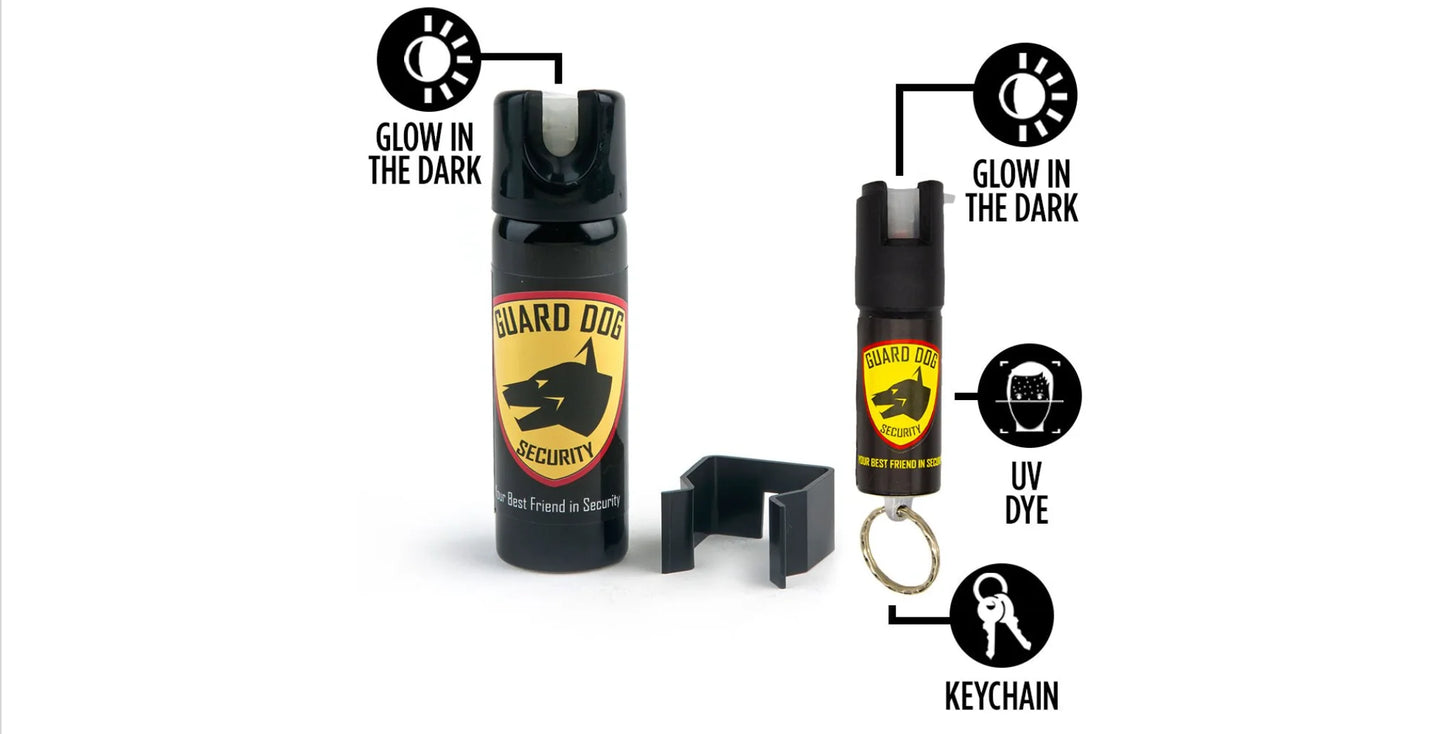 Guard Dog Security Pepper Spray with glow in the dark actuator | 3 oz and 0.5 oz combo