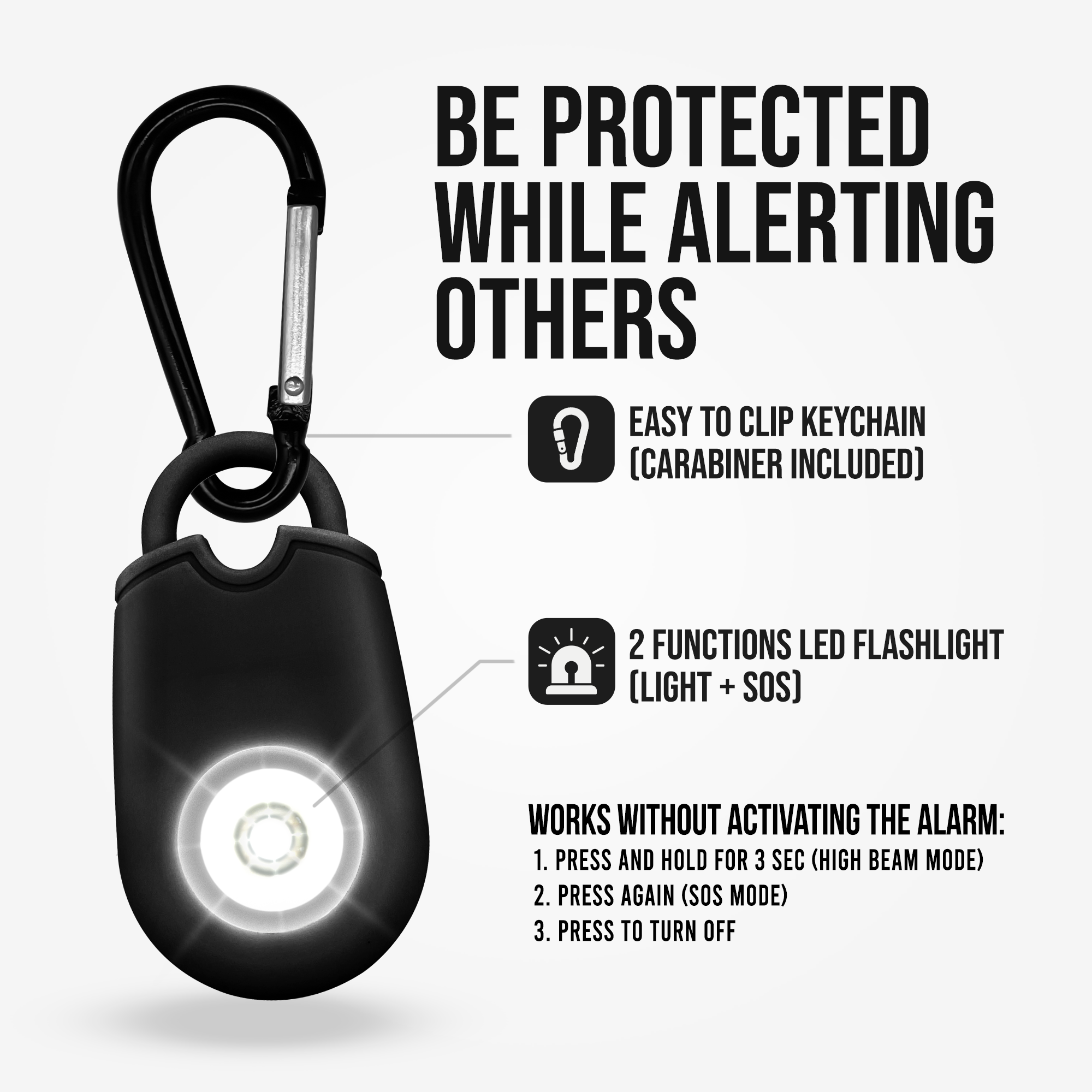Keychain Alarm with Flashlight (Carabiner Included)