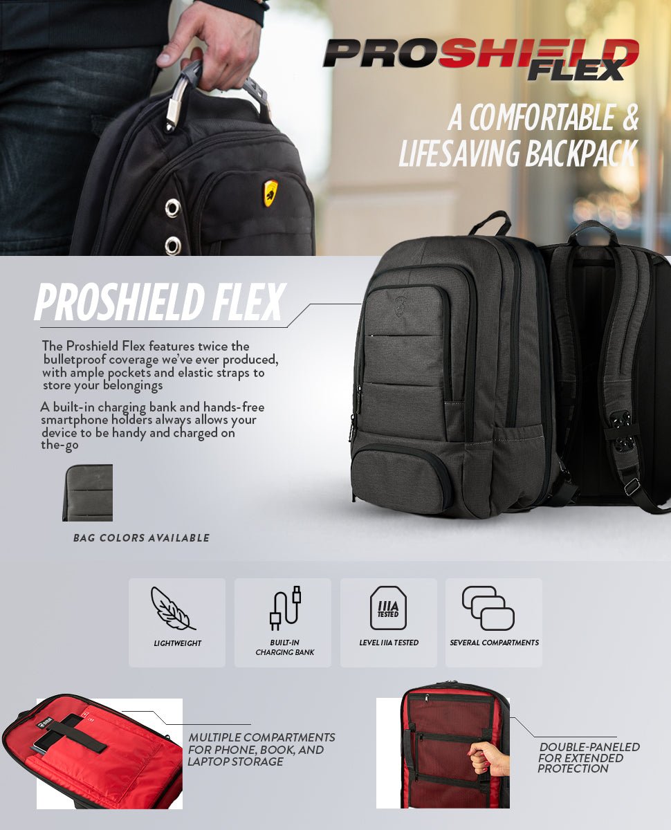 Proshield Flex - Full-Body Bulletproof Backpack w/ Charging Bank and Multi-Flex Webbing - Backpack