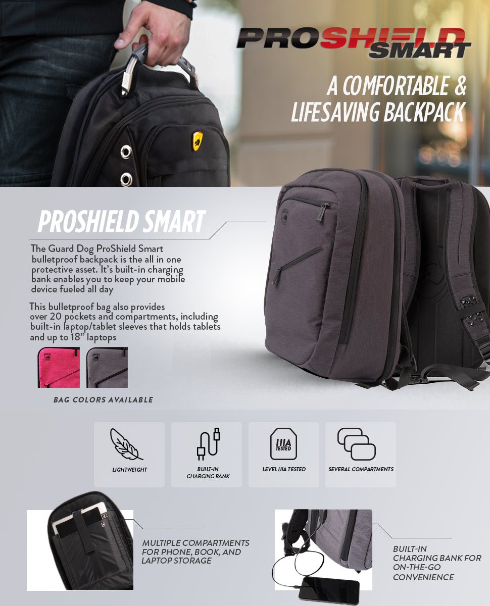 Proshield Smart - Bulletproof Backpack, IIIA w/ Charging Bank (Gray) - Backpack